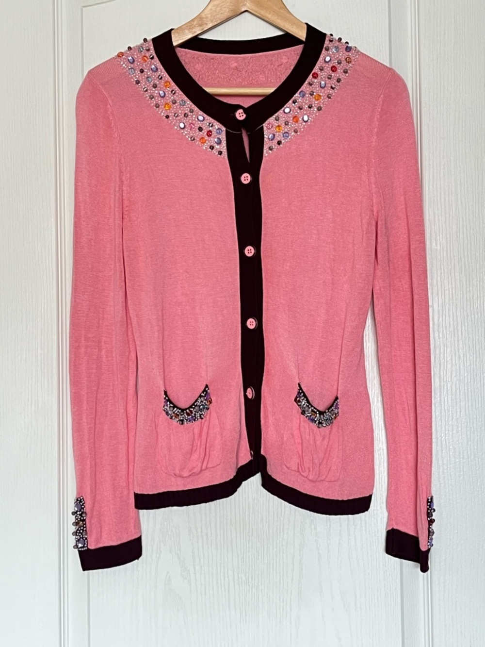 Rebecca Taylor Pink Silk Cotton Embellished Cardigan Sz 6 Quiet Luxury Soft Girl